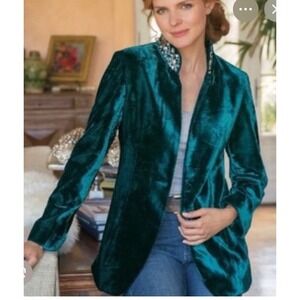 Soft Surroundings Starlet Teal Blue Velvet Jeweled Collar Blazer Jacket sz.M NEW